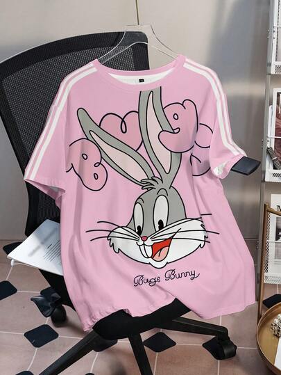 LOONEY TUNES X SHEIN Camiseta de manga corta casual y versátil con estampado de dibujos animados para mujer de talla grande