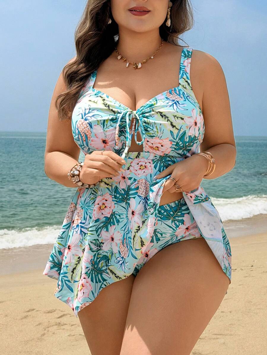 Swim Lushoire Zweiteiliges Badeanzug-Kleid Große Größen für Damen, reifer minimalistischer Stil, Strandurlaub, zufälliges Muster, Bindegürtel, breite verstellbare Träger, asymmetrischer Saum - Grün - Übersicht 1