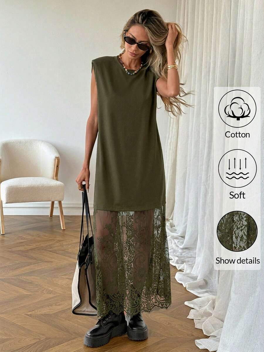 SHEIN LUNE Women's Casual Solid Color Lace Patchwork Sleeveless Long Dress, Basic Outfit For Spring/Summer Daily Wear, Commuting And Outings Dress For Women Casual Dresses For Women Latest Dress Woman Dress,Summer Dresses For Women - Green - View 1