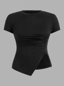 SHEIN Essnce Women's Plus Size Round Neck Side Slit Ruched 3 PiecesT-Shirt Set - Multicolor - View 3