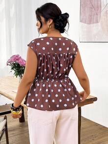 Lounesse Plus Size Women's Polka Dot Pattern Ruffle Trim Round Neck Blouse, Suitable For Summer Dates And Travel Wedding Guest Blouse For Women Graduation Blouse Elegant Blouse For Women Brown Blouse Women Polka Dot Blouse Women Brown Polka Dot Top Blouse For Women Casual Elegant Blouses For Women Casual - Brown - View 2