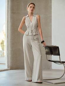 PREMIUM Conjunto de top de peplum con cuello en V, nudo y cintura estrecha sin mangas con estampado de rayas + pantalones de pierna ancha - Caqui - Ver 7
