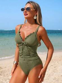 Swim Lushoire Damen Tankini Badeanzug Set in Unifarbe für Strand/Resort - Armeegrün - Übersicht 4