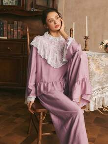 Côtesoire Bộ đồ ngủ nữ sang trọng, thanh lịch kiểu cung điện cổ điển, quyến rũ, chất liệu lưới thêu ren phối màu tương phản, viền bèo nhún. - Bụi hồng - Xem 4