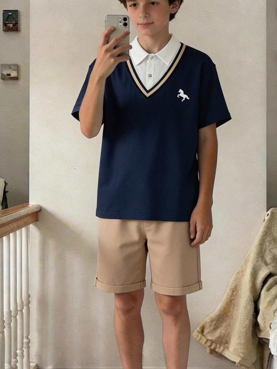 Set de 2 piezas de camisa tipo polo y pantalones cortos casuales de estilo caballero para niños, para verano - Multicolor - Ver 1