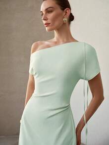 MOTF PREMIUM ELEGANT ASYMMETRICAL NECK LONG DRESS FOR WOMEN - Mint Green - View 7