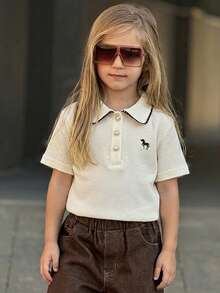 Dazy Kids Young Girl Embroidery Detail Polo Collar Short Sleeve Casual T-Shirt, Summer - Beige - View 5