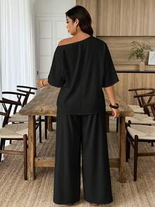 Weeklong 女士加大码不对称领印花宽松上衣和直筒裤两件套，适合度假和日常穿着，春夏款 - 彩色 - 查看 2