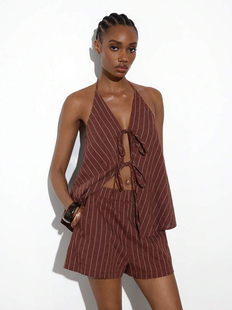 SHEIN Maija Women's Striped Tie-Front Backless Halter Top And Shorts 2 Pieces Set, Summer Clothes , Summer Outfits, Spring Outfit , Spring Clothes Women, Beach , Beach Outfit For Women , Elegant Women's Set, Casual Sets For Women, Vacation, Holiday, Vacation Outfits For Women, Country Concert Outfit
