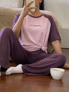 DAZY 2pcs Letter Print Raglan Sleeve Loose Short Sleeve Women Pajama Set - Purple - View 4