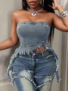 BamGleam 女士时尚性感毛边牛仔抹胸上衣 - 淺色水洗藍 - 查看 1