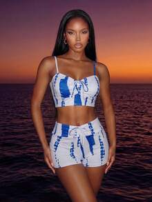 Vaytide Tie Dye Bikini Set Drawstring Wireless Bra & Shorts 2 Pieces Bikini,Summer Beach - Blue and White - View 1