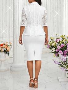 SHEIN Lady 女士蕾丝拼接单扣外套和裙子套装 - 白色 - 查看 2