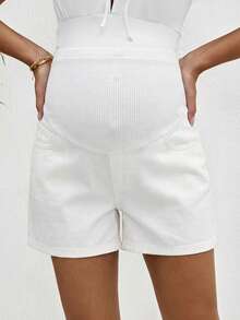 SHEIN Maternity Casual Patchwork Denim Shorts - White - View 3