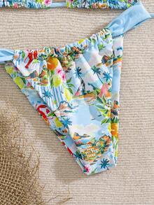 Bonvoyette Conjunto de bikini de dos piezas con estampado de frutas y verduras en todo el diseño, con escote halter y lazos, para vacaciones de verano - Multicolor - Ver 5