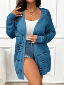 SHEIN LUNE Plus Size Women Solid Color Casual Versatile Long Sleeve Cardigan Fall - Blue - View 6