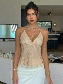 Lucivie Blusa casual y elegante, sexy y vintage de color beige con escote halter profundo en V, adornada con lentejuelas - Blusa brillante para fiestas de verano, top corto chispeante y seductor para citas, adecuado para uso diario, atuendo de oficina, vacaciones relajantes, citas románticas, días escolares, vacaciones en la playa - Dorado - Ver 13