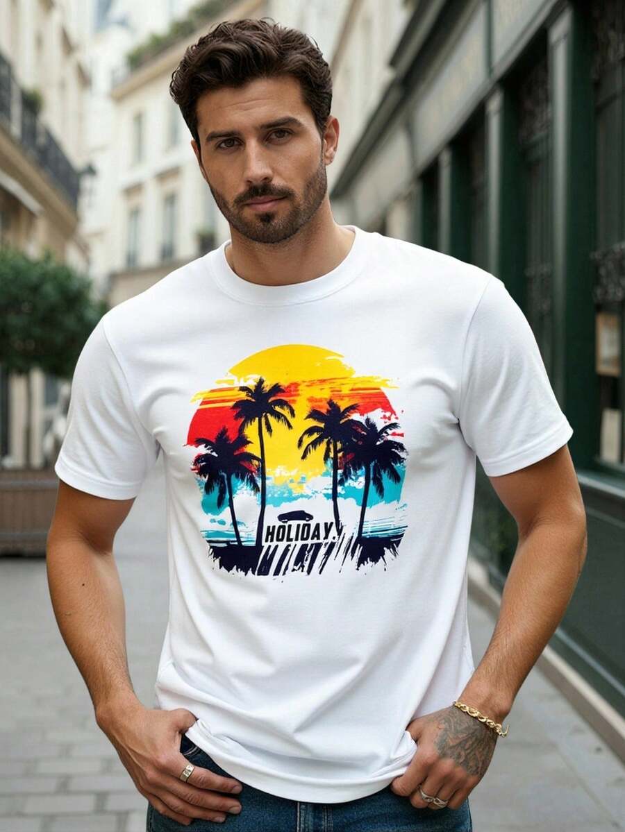 Manfinity Homme Men's Casual Coconut Tree Print Round Neck Short Sleeve Loungewear Top - White - View 1