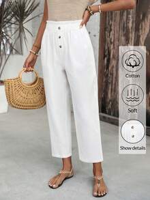 EMERY ROSE Women's Solid Color Ruffle Waistband Button Design Casual Pants Summer Holiday Outfits  Summer Outfit For Women Women's Country Pants White Pants White Trousers For Women Linen Pants For Women Zenske Pantalone Straight Pants For Women - White - View 3