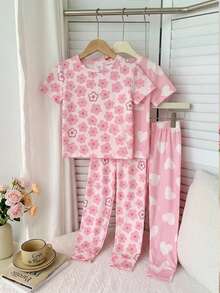 Bộ đồ mặc nhà 4 món cho bé gái, kiểu dáng tối giản, ôm sát, cổ tròn, tay ngắn và quần legging, thích hợp cho mùa xuân và mùa hè. - Nhiều màu - Xem 7