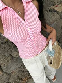 SHEIN EZwear 女士无袖修身粉色条纹衬衫，夏季女士衬衫，适合夏季商务休闲场合，粉色夏季上衣，女士无袖Polo衫，女士条纹上衣，粉色上衣，商务休闲女士上衣，女士夏季可爱衬衫，女士优雅休闲衬衫，女士新款衬衫，夏季时尚棉质可爱衬衫，女士春季服装 - 粉色 - 查看 5