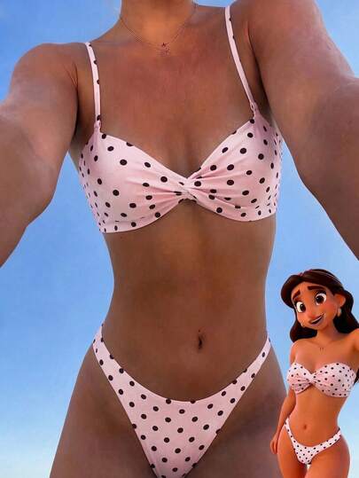  Swim Mod New Arrival Women's Elegant Y2K Coquette Cute 2 Piece Pink Base With Black Polka Dots, Retro Spot Pattern, Classic Black & White Contrast Bikini Set - Pink Black Twist Front Bralette Top & High Cut Cheeky Bottom - Smooth Stretch Breathable Fabric - Flattering Adjustable Straps, Sweet Retro Summery Vibe - Perfect Swimwear For Summer Beach Vacation, Pool Party Music Festival Weddings, Spring Holiday Break Outfit Resort Wear, Tropical Getaway