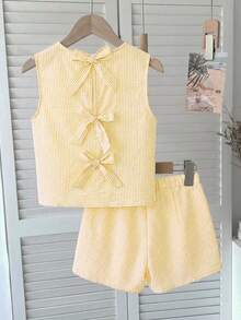 SHEIN Tween Girls Blue And White Stripe,Summer,Cute,Vacation Butterfly Back Tank Top & Shorts Co-Ord Set,2 Piece Textured Fabric Yk2k Youth Kids Outfits - Yellow - View 3