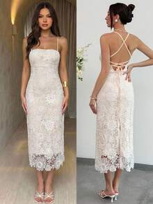 Aloruh Đầm slip thanh lịch ôm sát người, ren hoa dành cho nữ - trắng - Xem 2