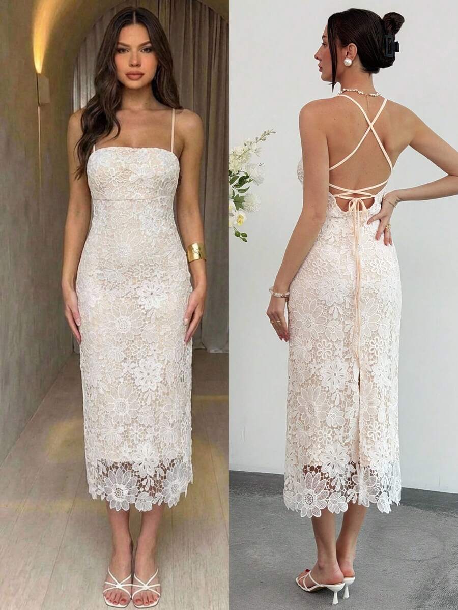 Aloruh Đầm slip thanh lịch ôm sát người, ren hoa dành cho nữ