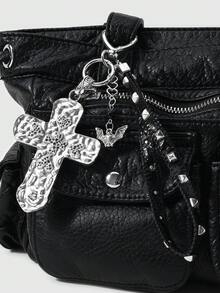ROMWE 2 perles acryliques rondes personnalisées style Y2K, punk rétro gothique, avec motifs d'ailes de démon, d'étoiles, de crânes et de croix noires. Sangles avec rivets pour porte-clés, sacs à main, etc. Convient pour les femmes, les filles, les sœurs et les petites amies, pour un usage quotidien ou en cadeau. - Noir-25 - Voir 5
