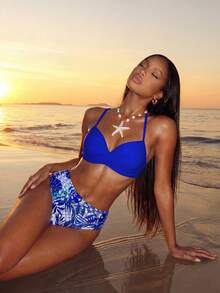 Vaytide 熱帶圖案聚攏比基尼泳裝 - 寶藍色 - 查看 1