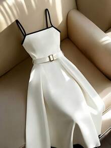 Franclia French-Style Halter Top,Sophisticated White Color-Blocked Women's Dress,Elegant Sexy Summer Party Golf Dress, Decorative Buckle Vacation Outfit - Black and White - View 3