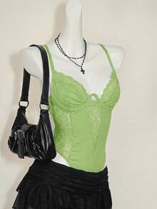 SHEIN ICON Y2K Spring Lace Patchwork Bodycon Camisole Crop Top High Waist Backless Bodysuit For Women - Green - View 7