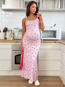 SHEIN Đầm bầu không tay in họa tiết quả anh đào, kiểu dáng thường ngày, thích hợp cho mùa hè. - Hồng - Xem 4