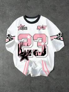 SHEIN EZwear 95%纯棉休闲简约圆领T恤，印有数字23和赛车图案，宽松短袖设计，适合外出、街头风格和Y2K时尚。 - 彩色 - 查看 5