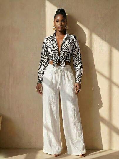 BamGlimmer Spring Valentine's Day New Year Holiday New Design Striped Shirt Collar Black & White Printed Blouse, Fashion Minimalist Casual Hip-Hop Style, Suitable For Daily Wear, Back To School, Party, Casual Afternoon Tea Gathering, Fashionable Women