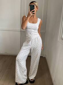 DAZY Bộ đồ ngủ mùa hè dành cho nữ, gồm áo hai dây và quần dài, họa tiết hoa nhí, chất liệu dệt kim và viền ren. - trắng - Xem 3