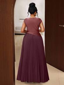Maweii Plus Size Women Elegant Solid Color Pleated Round Neck Sleeveless Dress - Champagne - View 2