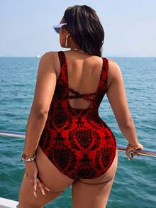 Swim Lushoire Plus Size One-Piece Swimsuit, Random Colorful Print, Minimalist Design, Suitable For Daily Wear, Bohemian Style, Summer Beach Outfit For Women - Multicolor - View 2