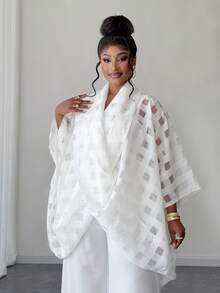 Maweii Plus Size Women Plaid Minimalist Casual Long Sleeve Twist Collar Blouse - White - View 1