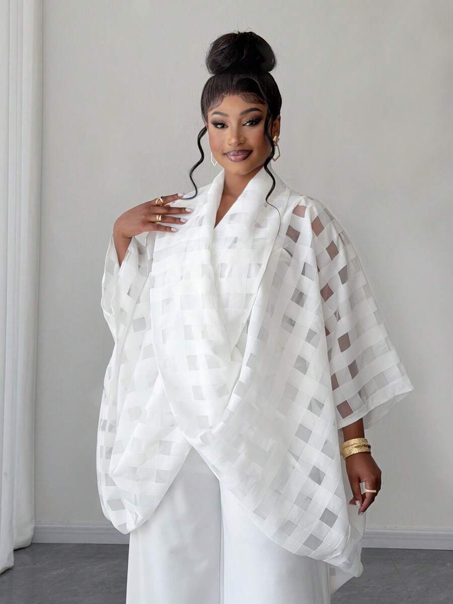 Maweii Plus Size Women Plaid Minimalist Casual Long Sleeve Twist Collar Blouse - White - View 1