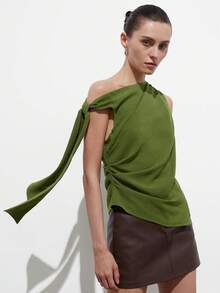 Aveloria Modichic Women's Crinkled Textured Fabric Slim Fit Asymmetric Cut One Shoulder Tie Strap And Side Ruched Design Modern Elegant Vacation Style Green Elegant Women's Blouses Vacation Outfits Women Summer Tops Green Dress - Green - View 4