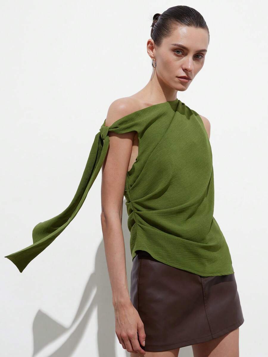 Aveloria Modichic 欧美风春夏新款时尚百搭纯色系带亚麻质感女式上衣 - 綠色 - 查看 1