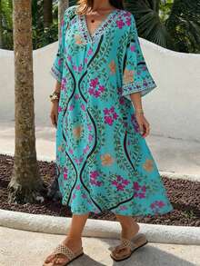 Floral Print V-Neck Loose Women Nightgown Pajama, Winter, Moo Moo Night Dress - Blue - View 4