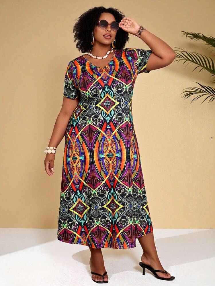 Plus Size V-Neck Short Sleeve Dress With Allover Print, Suitable For Summer Vacation,Country Outfits For Women