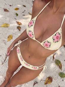 Swim Mod 女士夏季新款纯色设计泳衣，饰有花卉刺绣腰带，侧边配有抽绳。适合度假/休闲穿着。女士比基尼套装，两件套泳装，钩针编织比基尼，花卉比基尼，花卉泳衣，可爱女士泳装，比基尼套装，泳装 - 淡黃色 - 查看 8