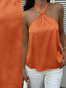 MainGRL Women's Summer Casual Solid Color Satin Backless Halter Top,Summer Top - Orange - View 6
