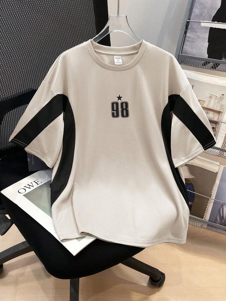SHEIN Atasan Lengan Pendek Kasual Longgar Bergaya Sporty dengan Desain Colorblock untuk Remaja Laki-Laki, Nyaman dan Serbaguna untuk Aktivitas Luar Ruangan - Aprikot - View 1