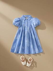 SHEIN 1件女童可爱蝴蝶结Polo领公主连衣裙设计泡泡袖衬衫裙，夏季 - 藍色 - 查看 2