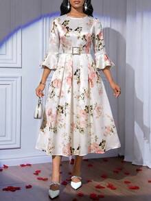 SHEIN Lady Đầm midi nữ thanh lịch in hoa, tay loe xếp ly, thích hợp dự tiệc. - Nhiều màu - Xem 6